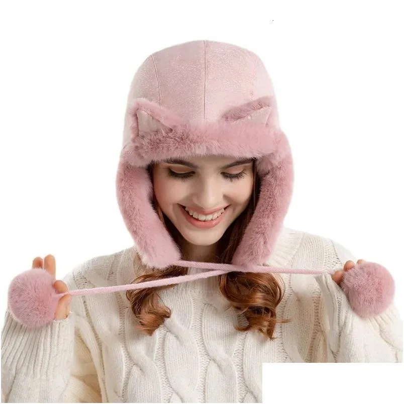 Trapper Hats Womens Warm Earmuffs Beanie Ear Flapped Hat Female Winter P Fur Bonnet Cat Ears Cap Russian Bomber For Women Drop Deliv Dhj4Z