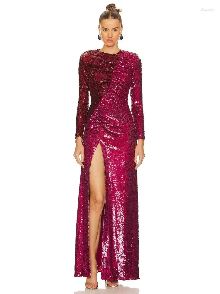 Casual Dresses Sexy Long Sleeves Ruched Sequined Maxi Dress Women Patchwork Color Sequins Folds Split Elegant Celebrity Party Gowns