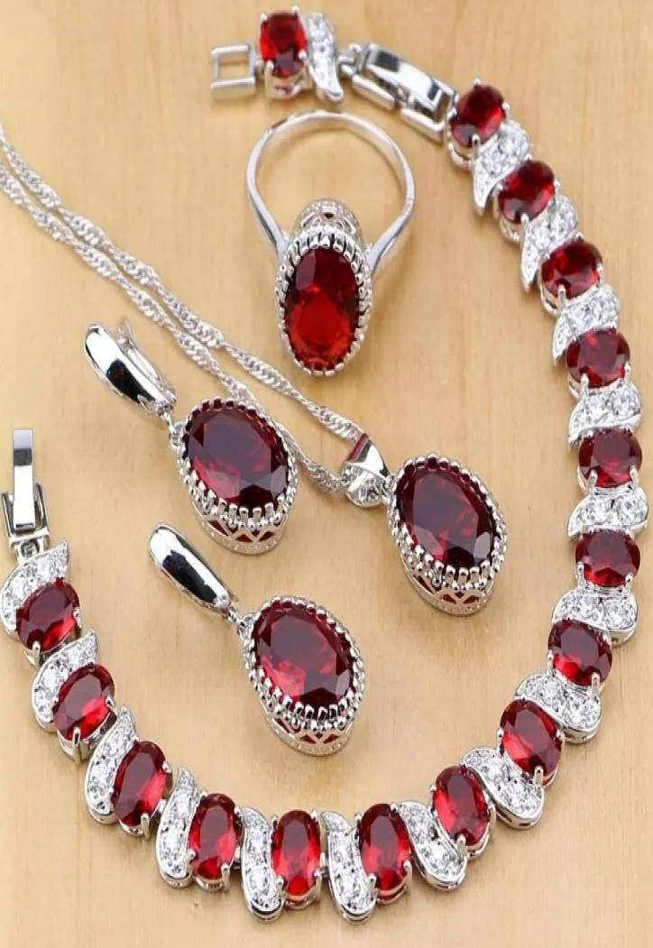 Natural 925 Sterling Silver Jewelry Red Birthstone Charm Jewelry Sets Women Earringspendantnecklaceringbracelets T055 J1907071261043