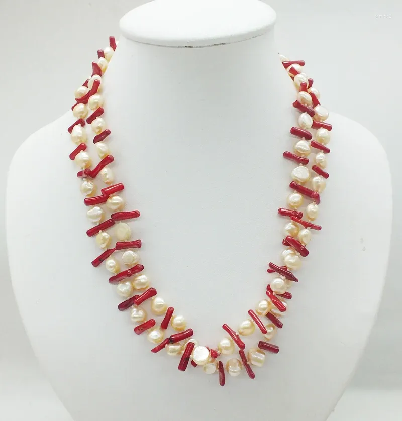Choker kostenlose Lieferung!Klassische 2 Reihen natürliche rosa Süßwasserperlen Korallen Halskette 19 "