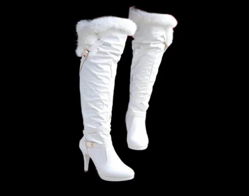 Белая мода на коленные ботинки Женские туфли на высоких каблуках.