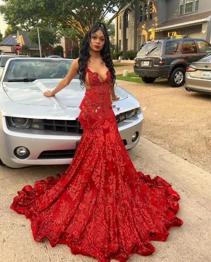 Gorgeous Long Prom Dresses 2024 Mermaid Sparkly Sier Crystals Red Sequin Black Girls Evening Party Formal Gowns