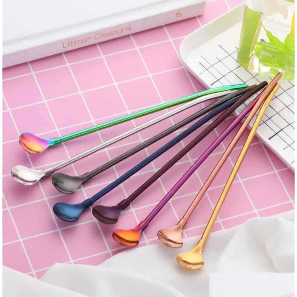 Paies à boire 8 couleurs en acier inoxydable Long Metal St Spoon avec nettoyage Brousse de café Bar cuisine Partage ACCESSOIRES 5010165 D DH034