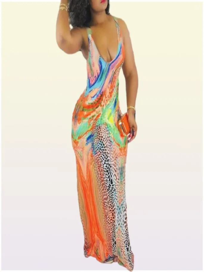 Tie kleurstof print maxi jurken zomer vrouwen multi -schep nek mouwloze enkellengte bandage jurk roos rood geel oranje geel8107697