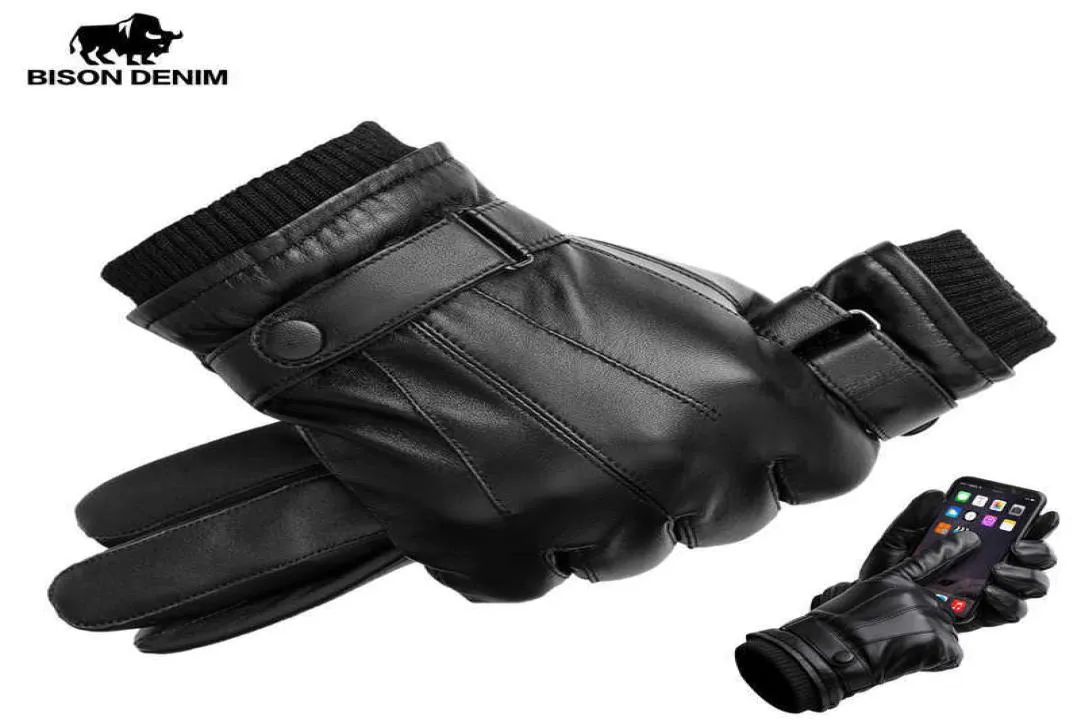 Bison denim Men039s äkta läderhandskar Pekskärmhandskar för män Vinter varma vantar full finger handchuhe plus sammet s2881465