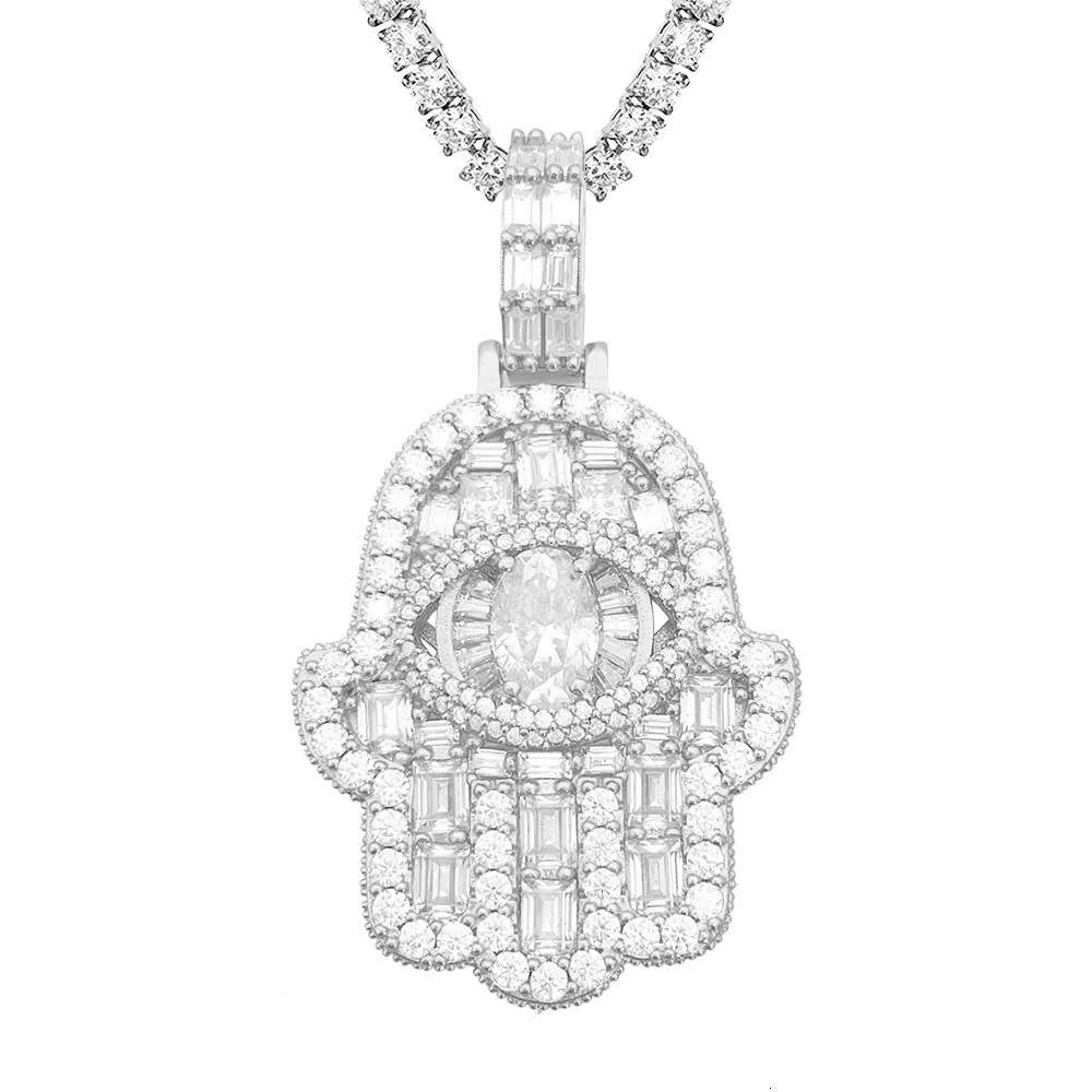 Bijoux hip hop masculin sier sier Moisanite Diamond Fatima Pendant Gold plaqué rond Hamsa Hand pour hommes