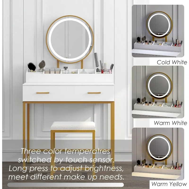 Toeletta Con Specchio LED, 3 Colori Luce, 4 Cassetti E 3 Ripiani Nascosti, Bianco - Multifunzione (trucco E Comodino)