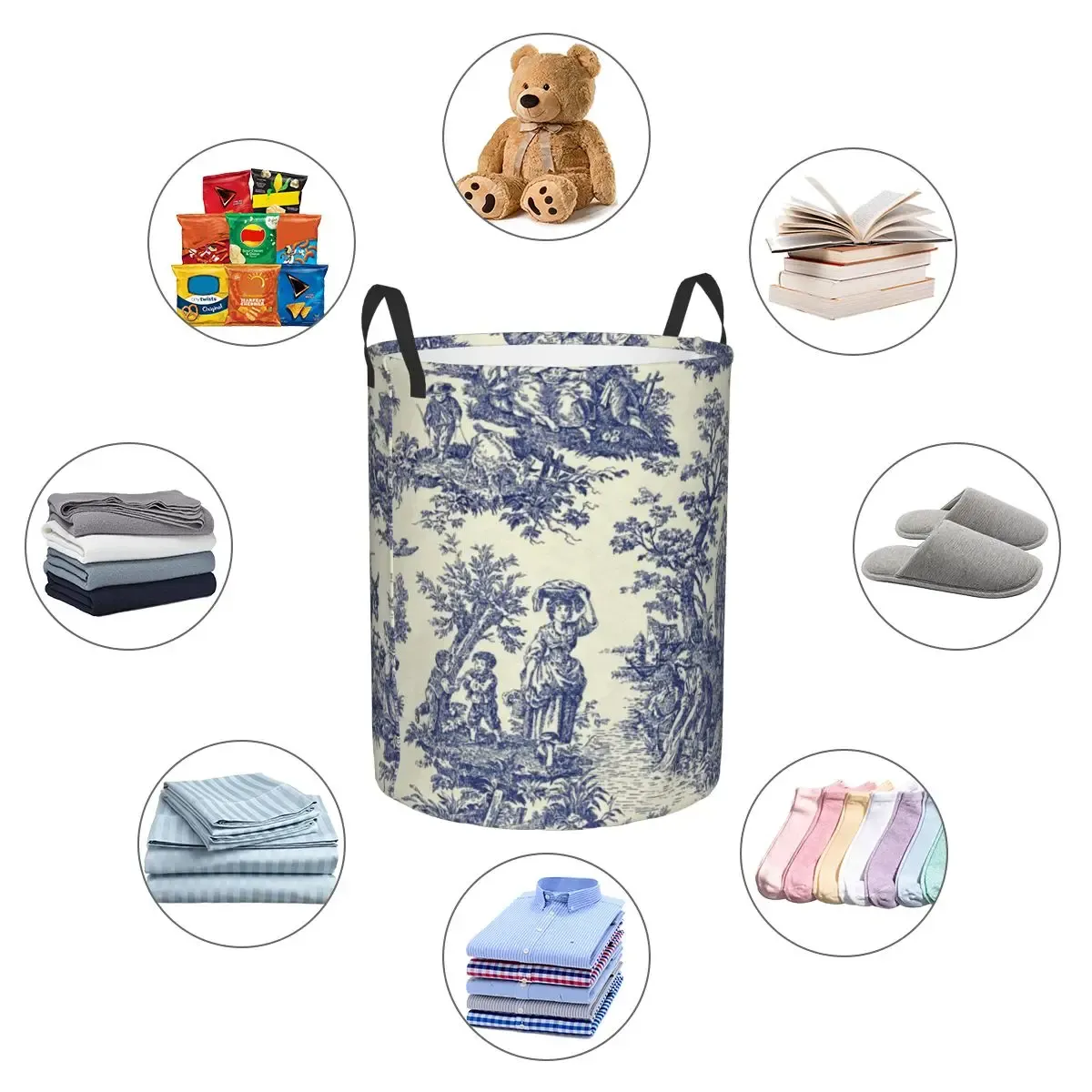 Toile de jouy Blue Laundry Hamper Duże ubrania Kosz do przechowywania francuskiego granatowego motywu zabawki bin organizator dla chłopca