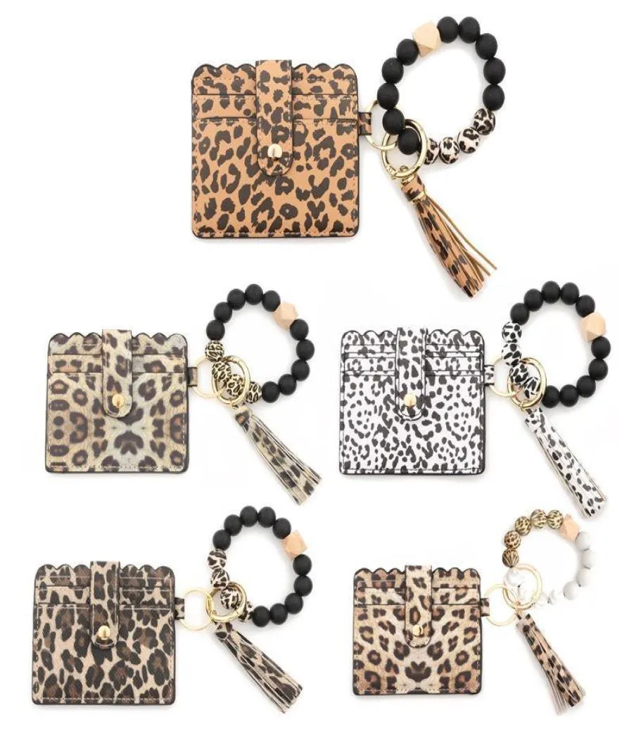 Silikonpärlor Key Ring Strands Armband Wristlet Keychain with Cheetah Leopard läder Tassel ID Card Wallet Purse Men Women Handm1085438