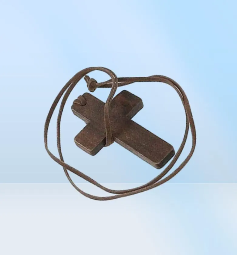 Vintage Wood Cross Anhänger Halskette für Frauen Männer Massive hölzerne Halskette Langes Lederketten Seilkette6054010