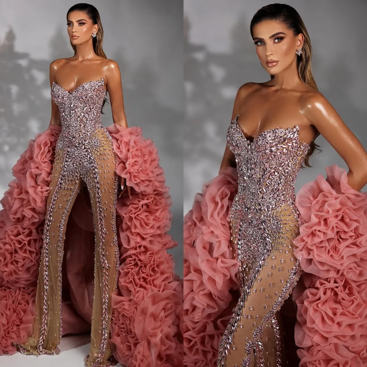 Stunning crystal jumpsuit Evening Dresses elegant sweetheart Prom Dress backless beaded champagne jump suit Formal dresses for women