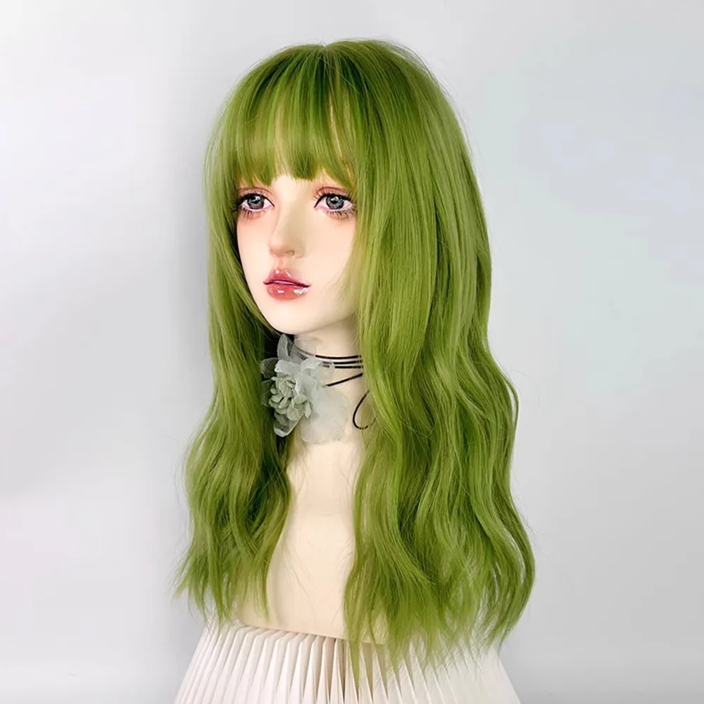 VICWIG Synthetic Long Green Curly Wig with Bangs for Women  display picture 2