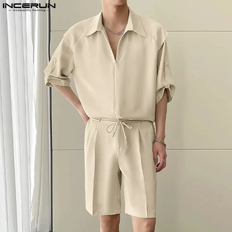 Inderun Korean Style Men Solid Proste zestawy koszule krótkie rękodzie