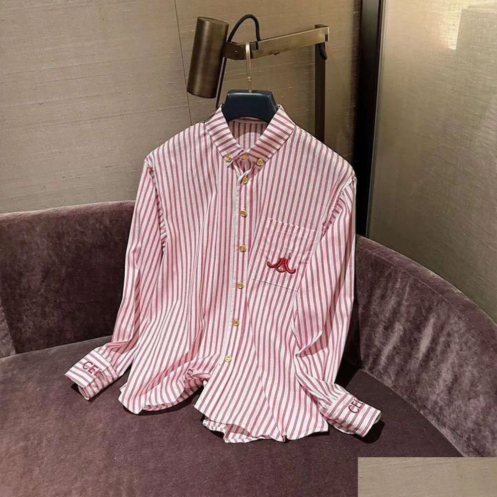 Women'S Blouses & Shirts Women Shirt Designer Spring Fashion Embroidery Graphic Pink Striped Long Sleeve Lapel Womens Coat Top Drop D Dhk9J