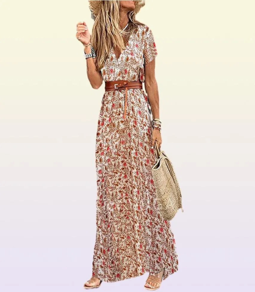 Robe longue femme été vneck boho ceinturé robe maxi décontractée robe de fête sexy dames bohemian plage de vacances de vacances 8025765