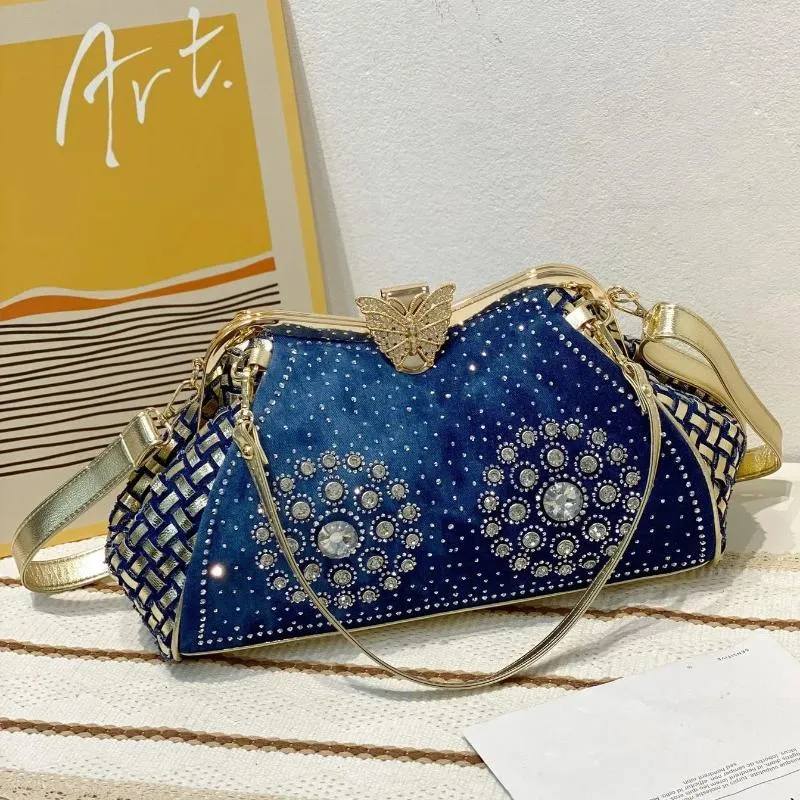 ホーボーダイヤモンドデニムの女性の財布とハンドバッグ光沢のあるラインストーンジーンズクロスボディバッグショルダーイブニングパーティー