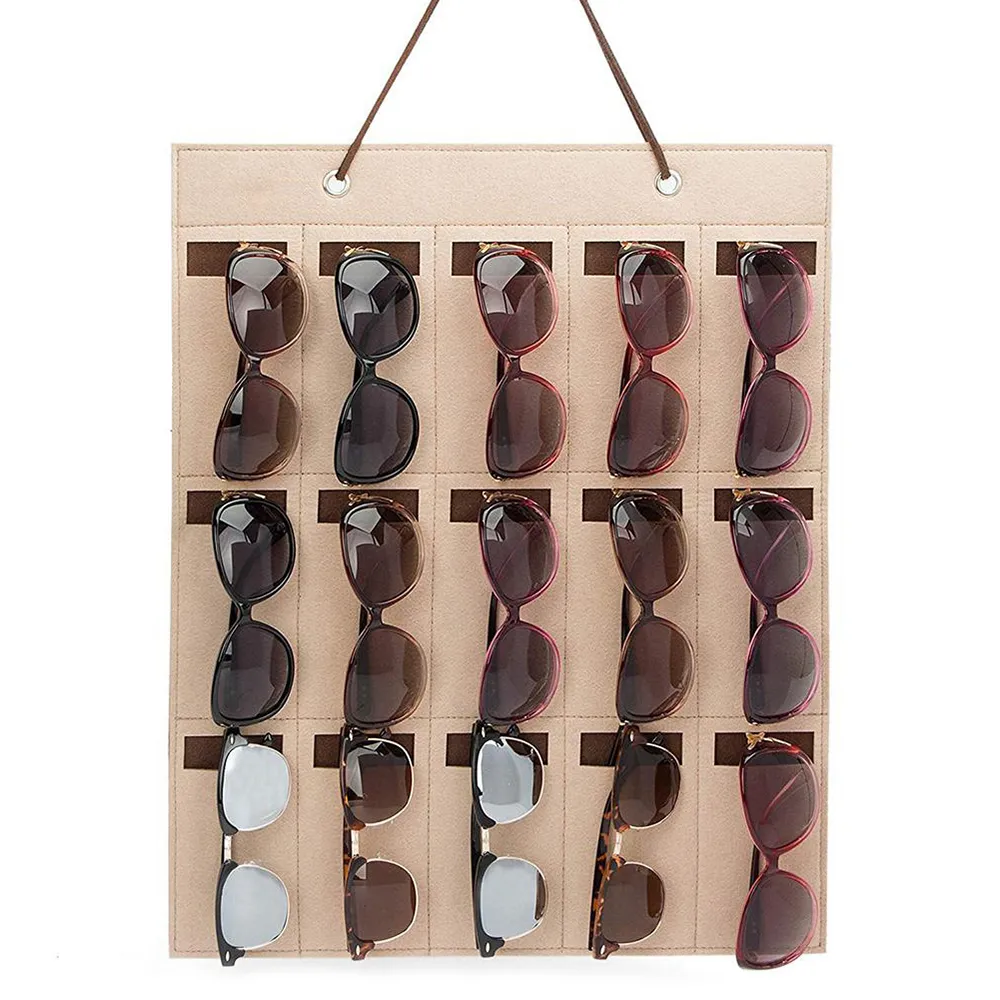 15 emplacements pour lunettes en feutre support pour les lunettes de soleil Affichage de rangement en verre Sac de suspension Mur Organisateur de poche avec lunettes à crochet