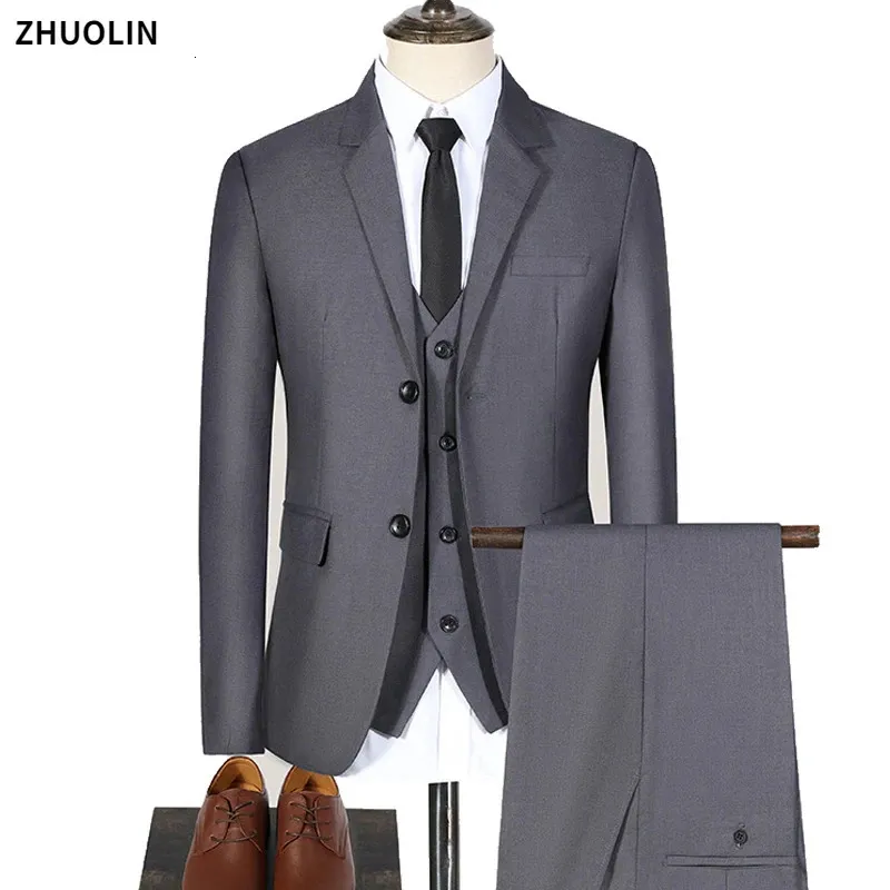 Men Suits Blazers 3 Pieces Elegant 2 Sets Luxury Wedding Business Vest Pants Blue Coats Formal Jackets Korean 240412