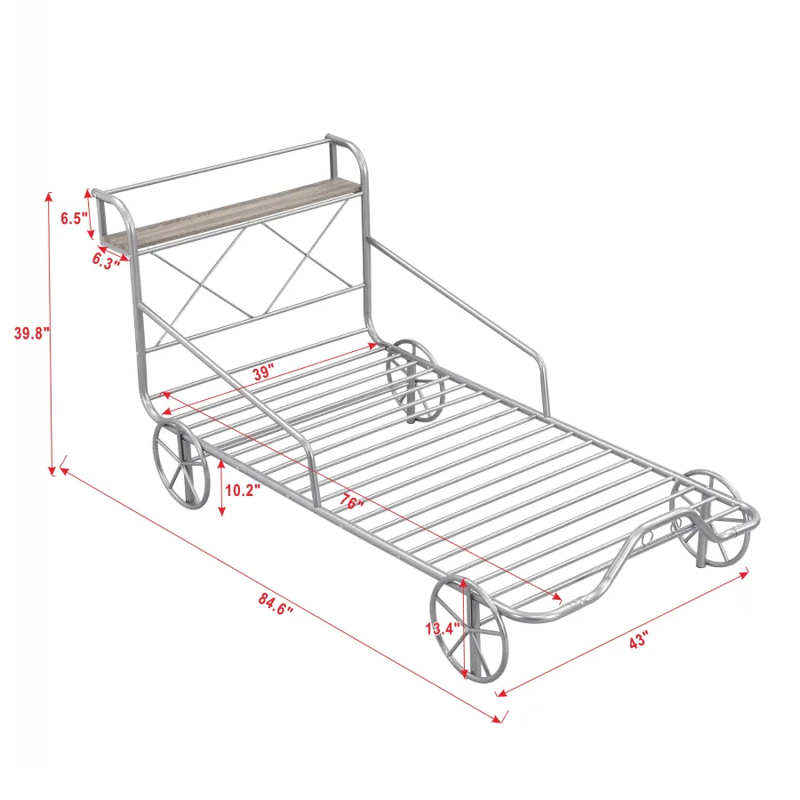 Cama de metal de metal de tamaño gemelo en forma de automóvil con cuatro ruedas, barandillas y estante de marco en forma de X, adecuado para dormitorio de niños, plata