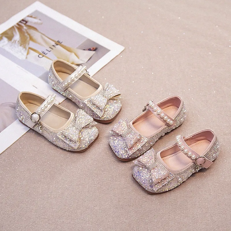 Girls Bow Princess Shoes Kids Toddlers Sandals Wedding Party Dress Shoe Spring Autumn Soft Sole Water Diamond Leather Children Dance Performance Shoes B82s#