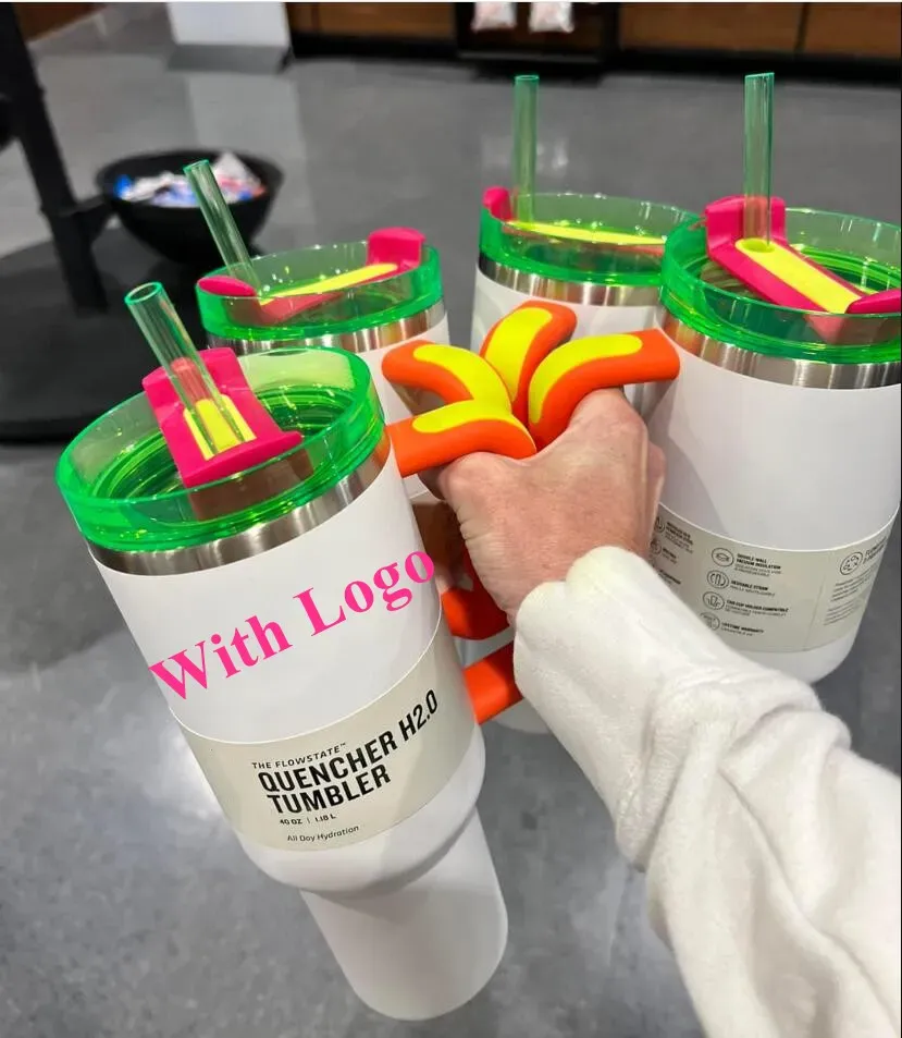 Electric Neon White Pink Yellow Green 40oz Quencher H2.0 Mugs Tiedye Comso PINK Parade Cups Stainless Steel Tumblers with handle Chocolate Gold Cup With 1:1 Logo 0412