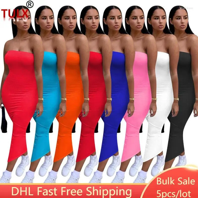 Casual Dresses 5pcs Wholesale Elegant Strapless Bodycon Dress Backless Long Maxi Tube Solid Party Night Off Shoulder Vestidos Robe 7529