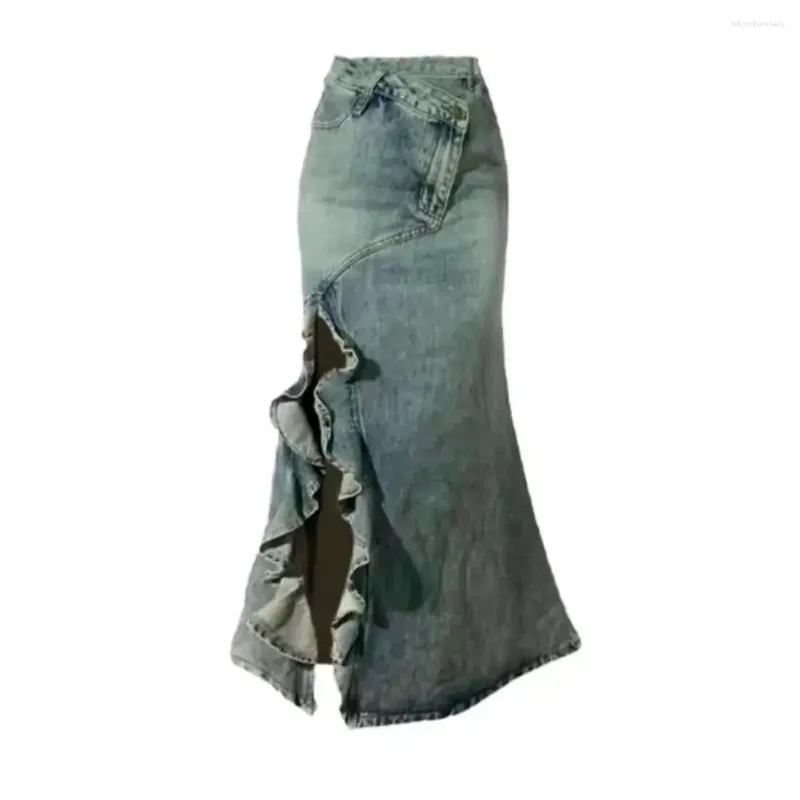 Rokken denim blauwe mulzijde split halflichaam rok middelste lengte zomer hoge taille slanke oude golf 2024