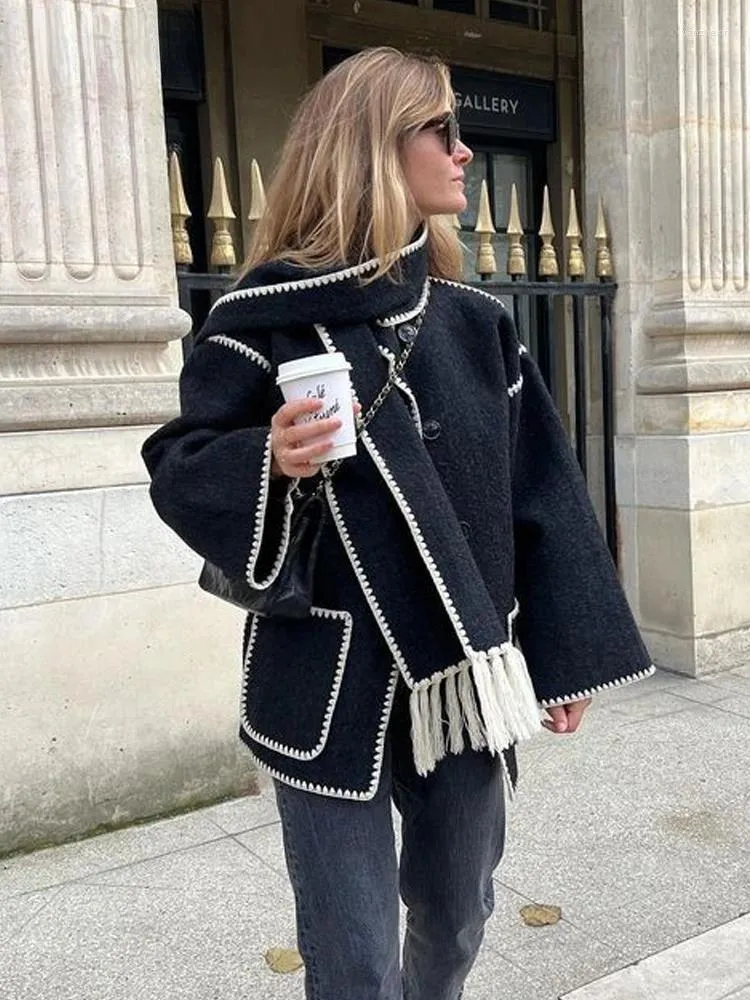 Kadın Ceketleri Moda Patchwork Gevşek Yün Palto Kadınlar Kadın Şık Cep Uzun Kollu Kalın Out Giyim Lady 2024 Kış Tek Kelime
