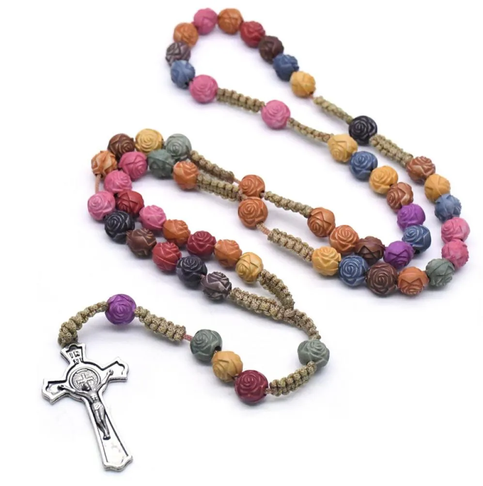 Rose pärla färgad korsrosenhalsband Kristus Jesus religiös handgjorda kristna bönsmycken5506528