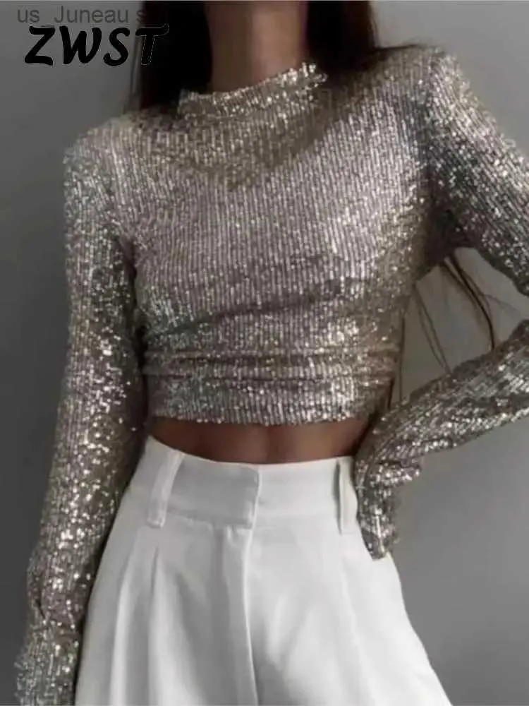 Women's T-Shirt Sequins Sexy Crop Top Women Silver O-neck Long Slve Slim T-shirt 2023 Winter Fashion Party Club Solid Match All Ladies Tshirts T240412