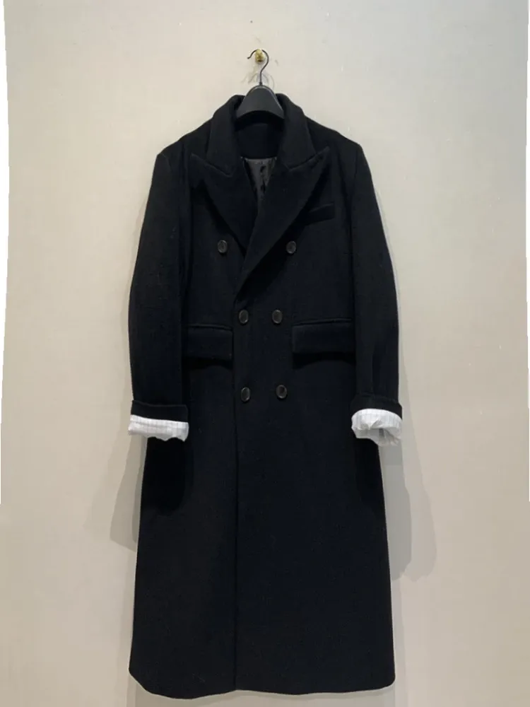 ジャケット・アウター LEATHER COMBINATION DOUBLE LAPEL COAT ZWRXW Leather Trench Coats for Men Double Breasted Notched