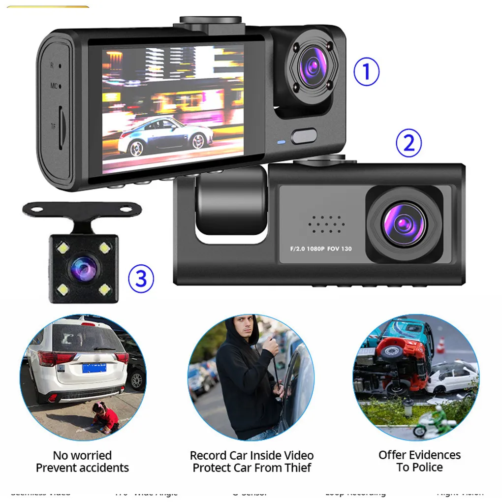 Auto 3 Lenses Dash Cam 2-inch Screen Loop Recording Battery Powered Camera