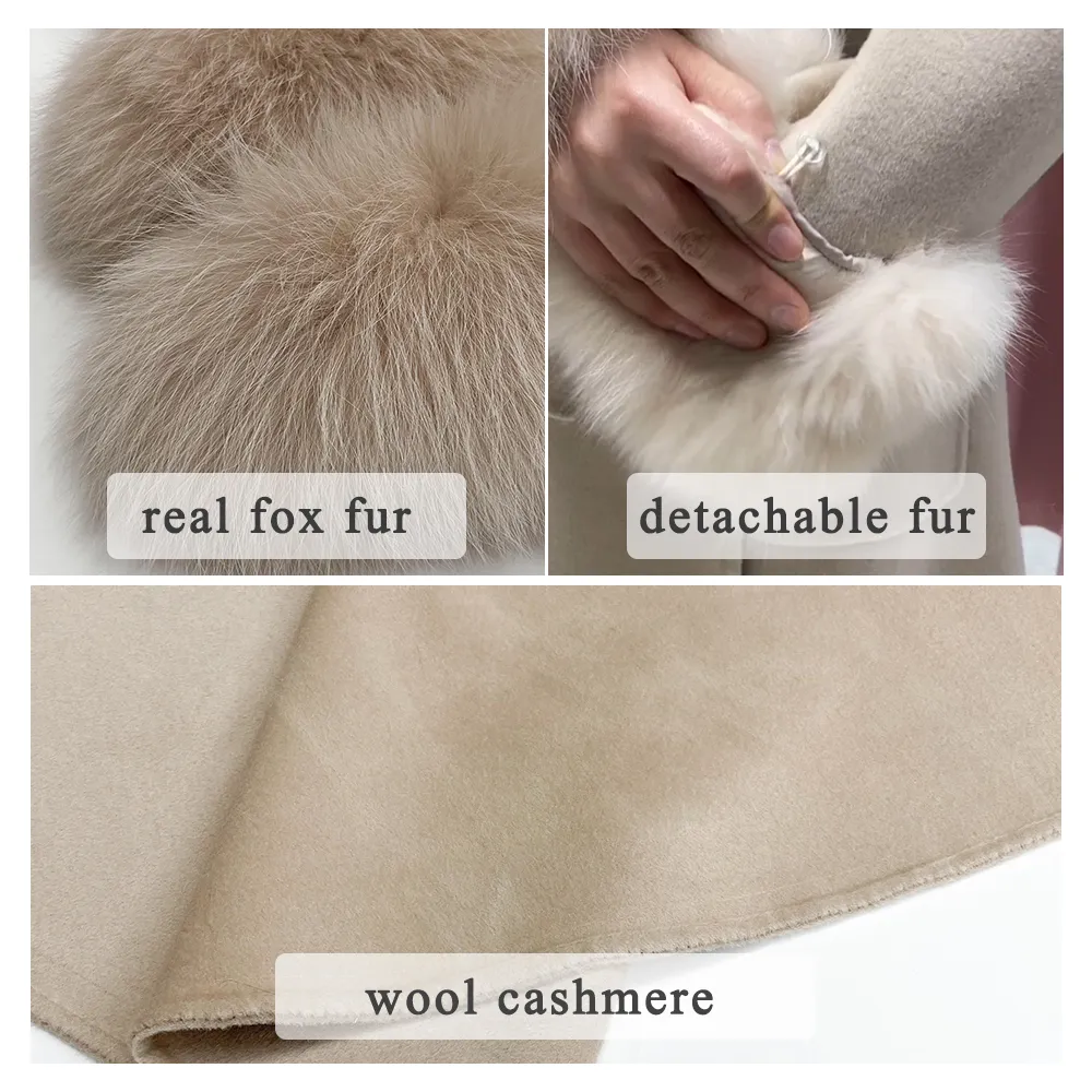 Janefur Wool Coat Long Women 2023 Winter Luxury Detachable Real Fox Fux Fux Fur Collar Cuffs Belt Cashmere Trench Overcoat