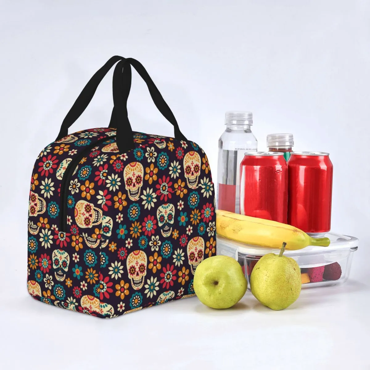 Day Of The Dead Halloween Insulated Lunch Bag Cooler Bag Meal Container Sugar Skull Flower Leakproof Tote Lunch Box Outdoor