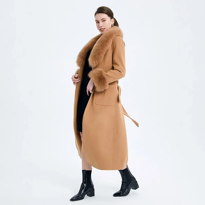 tuduoms Women's Belted Trench Coat with Faux Fur Collar