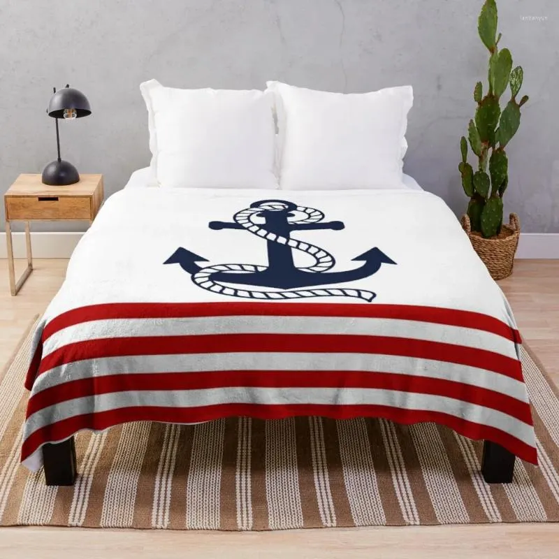 Cobertores listras vermelhas e brancas náuticas com um cobertor de lã de lã de lâmpada de pêlo azul da ancoragem azul da marinha