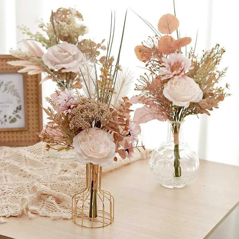 Dried Flowers Artificial Flowers Peony Bouquet Pampas Champagne Big Fake Roses Home Table Room DIY Arrange Wedding Decorations Centerpiece