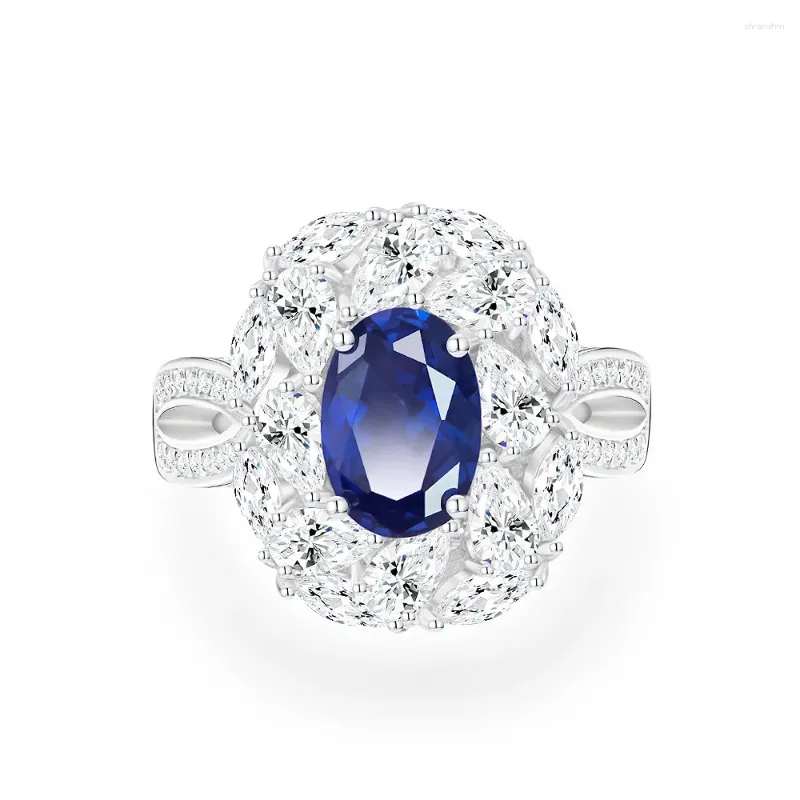 Cluster Rings S925 Silver Egg 7 10 Royal Blue 2 Ring med mousserande diamanter utsökta tunga för kvinnors safir