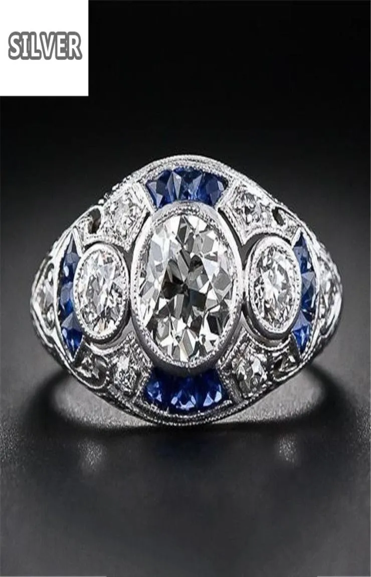 925 ANILLOS SREBRNY RETRO Trybunał Pełny sześcien cyrkonia Pierścień dla kobiet Eleganckie niebieskie kryształowe pierścienie bankiet Sapphire Biżuteria 19888668