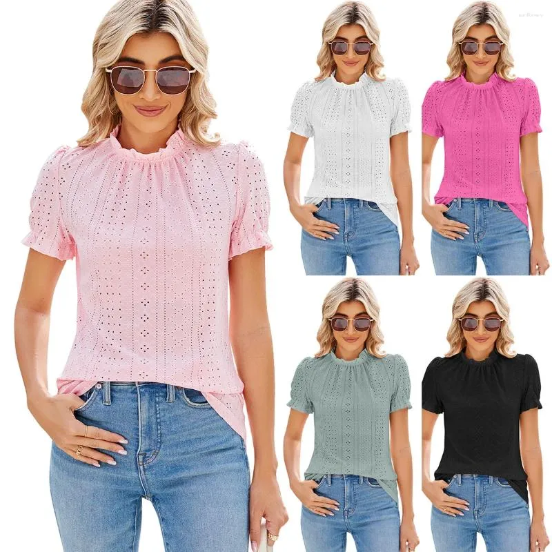 Women's T Shirts Spring/Summer Lace Collar Bubble Sleeves Loose Folded T-shirt For Women