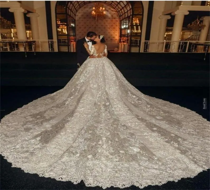 Luxe zeemeermin trouwjurken Arabische Dubai kralen Appliqued Lace Chapel Bruidsjurk met afneembare trein lange mouwen Vestidos DE5627248