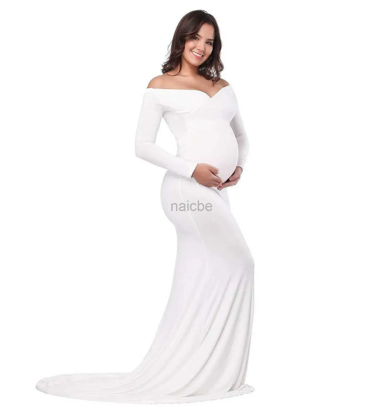 Zwangerschapsjurken Dames Off Shoulder Maternity Dress Slim Cross-Front V Neck Lange mouwen fotosjurken voor fotoshoot Baby Shower 240412