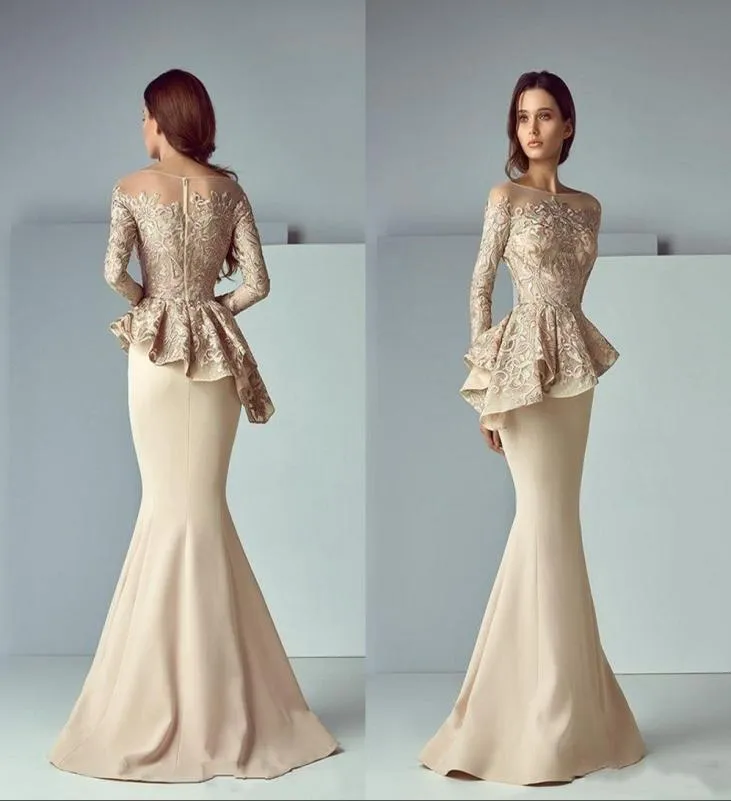 샴페인 인어 Peplum Prom Dresses Jewel Neck Nistusion Long Sleeves Lace Applique 지퍼 백 파티 저녁 Bride Go1337051