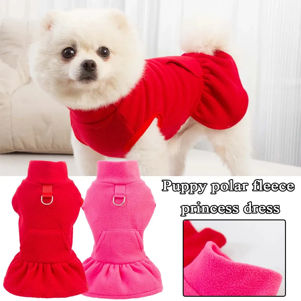 Solid Color High Collar Fleece Pet Dress Truvlover voor kleine honden Princess Classic Pockets Hook Dog Dessen Levers 240411