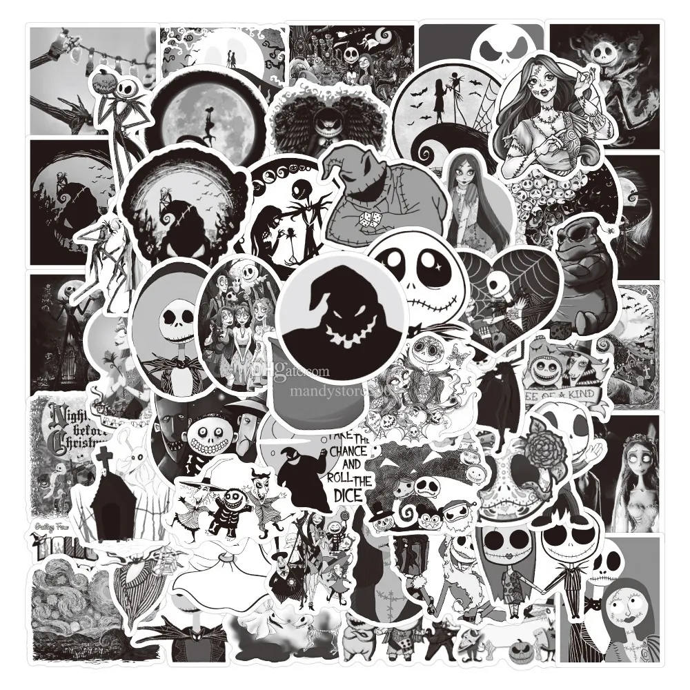 50pcs新しい白い黒い悪夢のグラフィティステッカー漫画ジャックサリーステッカー防水荷物荷物コンピューターヘルメットスケートボードカップ保護動物デカール