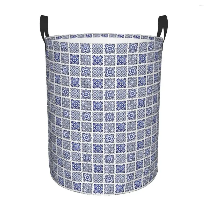 Laundry Bags Blue And White Moroccan Zellige Tiles Style Foldable Baskets Dirty Clothes Toys Sundries Storage Basket Home Organizer