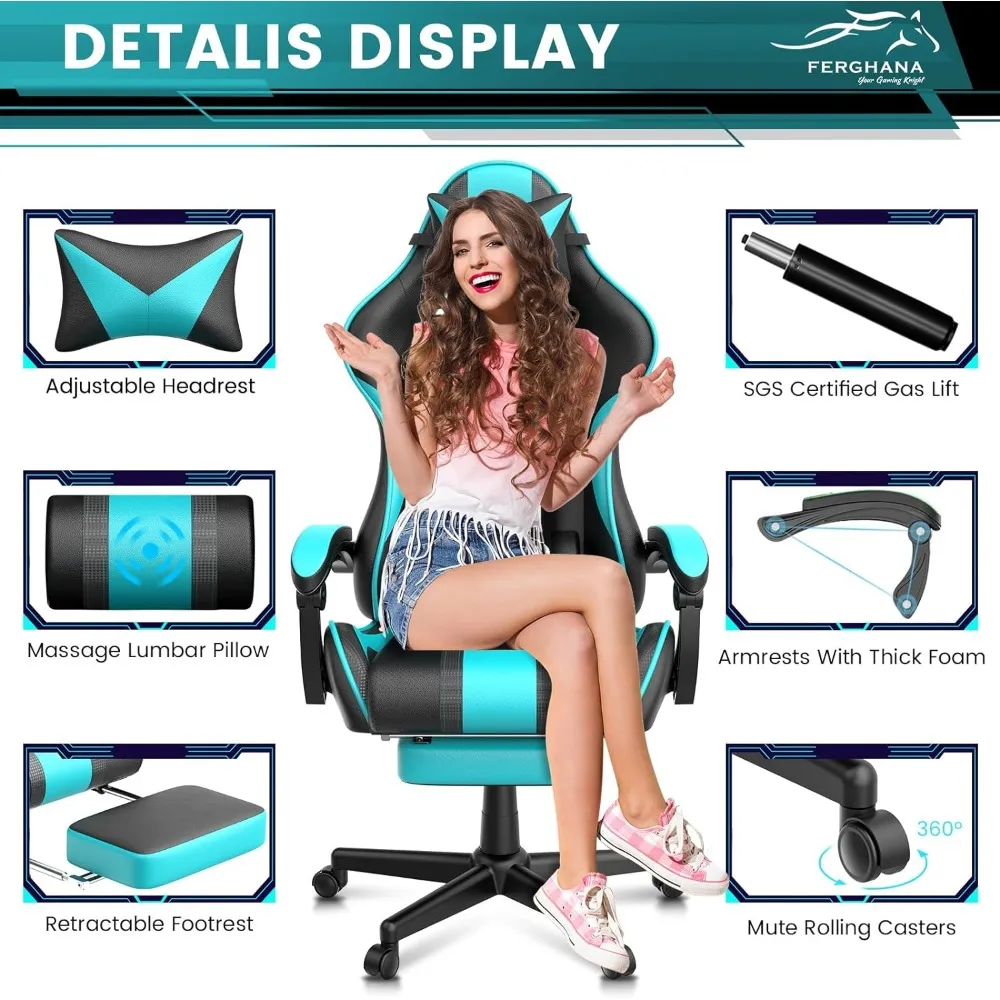 Gaming Chair Ergonomic Racing Style PU Leather PC Game Computer Chair with Headrest Lumbar Support and Adjustable Recliner