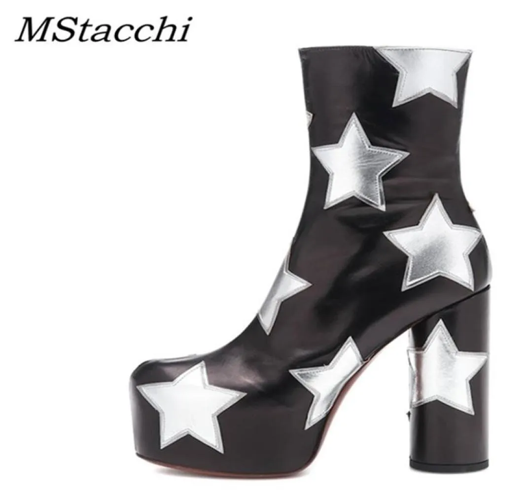 MStacchi Platform Ankle Boots For Women Luxury Print Star Really Leather High Heels Shoes Woman Round Heels Botines Mujer 2011057896881
