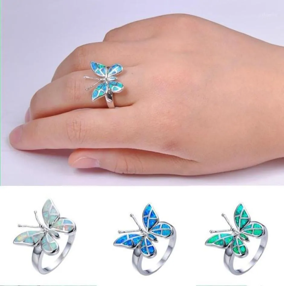 Cluster Rings Cute Butterfly Animal Design Ring Imitation Blue Fire Opal For Women Accessories Jewelry Bohemian Statement Girl Gif1557357