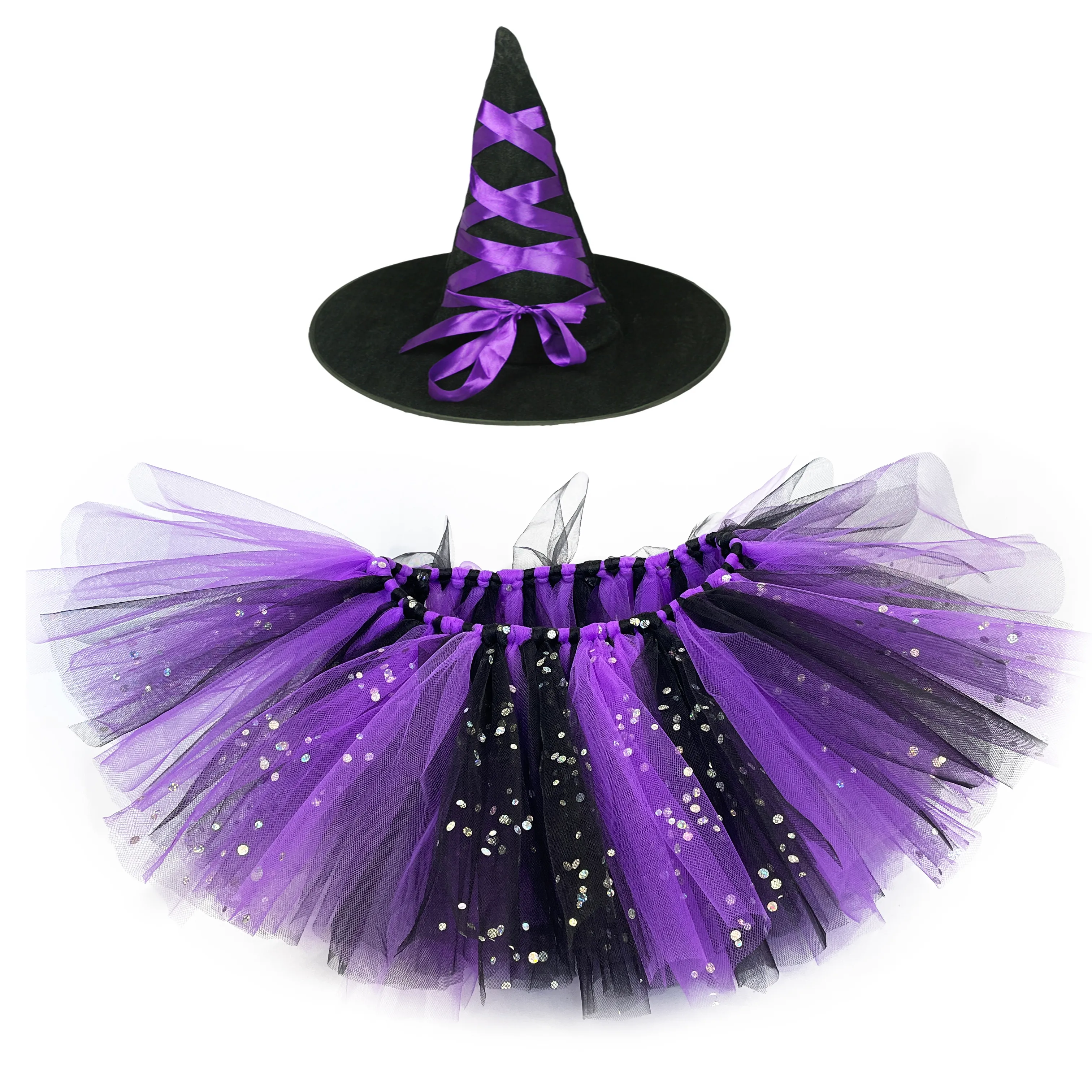 Girls roxas preto glitter tutu saias de bebê tule pettiskirts com chapéu de bruxa crianças halloween cosplay party fantasia pano pano